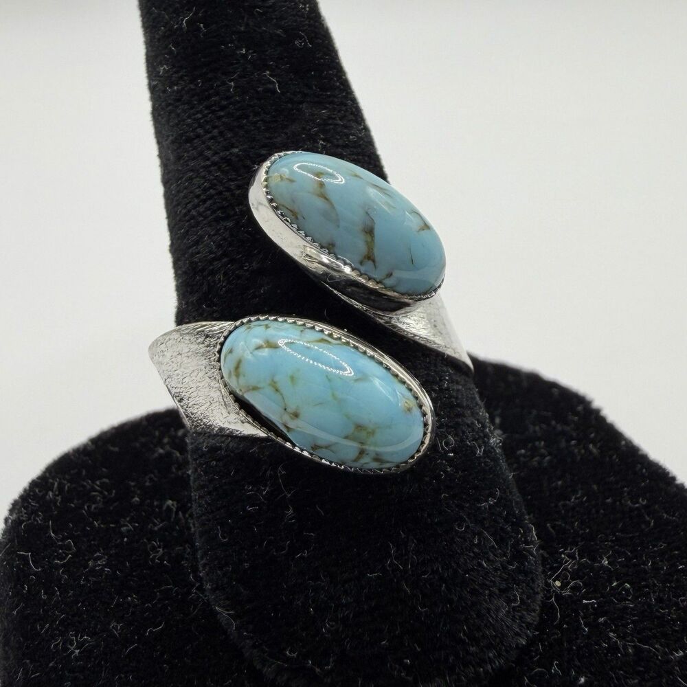 925 Sterling Silver Turquoise Bypass Ring Size 10 Southwestern Statement